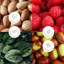 Load image into Gallery viewer, Collage of argan oil, raspberry seeds, plant collagen, and jojoba oil with corresponding labels.