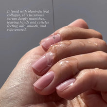 Load image into Gallery viewer, Close-up of hands with pink nail polish and a text overlay about plant-derived collagen serum.
