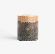 Load image into Gallery viewer, Jar of navy scrub with a wooden lid on a white background