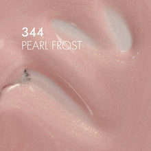Load image into Gallery viewer, A close-up color swatch of a glossy nail polish or cream in a soft dusty pink shade with white streaks and fine shimmer. Text on the image reads '344 PEARL FROST'.