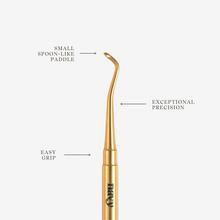 Load image into Gallery viewer, Gold dental tool with labeled features on a white background