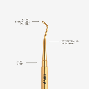 Gold dental tool with labeled features on a white background