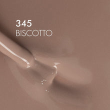 Load image into Gallery viewer, A close-up color sample showing a glossy beige-brown cosmetic smear with the text '345 BISCOTTO' on a matching neutral background.