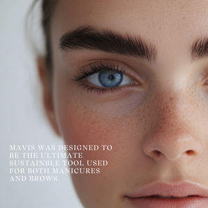 Close-up of a person's eye with text about Mavis, a sustainable tool for manicures and brows.