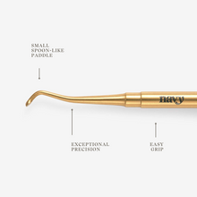 Load image into Gallery viewer, Gold manicure tool with features labeled on a white background