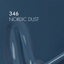 Load image into Gallery viewer, A close-up color swatch showing a glossy dark blue-gray paint or finish labeled '346 NORDIC DUST' on a matching blue background.