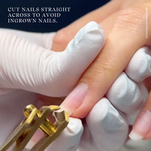 Charger l&#39;image dans la galerie, Close-up of a hand with a cuticle nipper and text advising to cut nails straight across.