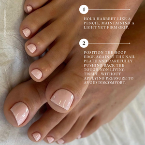 Close-up of toes with pink nail polish on a neutral background, with text instructions.