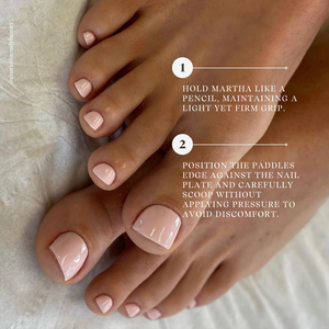 Close-up of feet with pink nail polish on a neutral background, with text instructions.