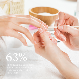 Person getting their nails done with a wooden stick, with text overlay about customer feedback.