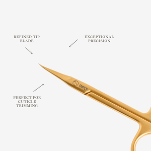 Gold cuticle scissors with brand logo on a white background