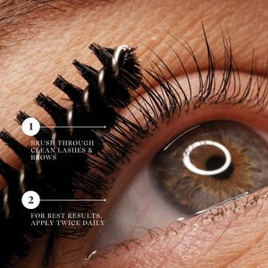 Close-up of an eye with false eyelashes being applied, showing application instructions.