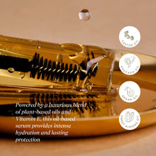 Load image into Gallery viewer, Gold oil-based serum with brush applicator on a beige background, featuring plant-based oils and Vitamin E.