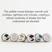 Load image into Gallery viewer, Six small circular cosmetic pans arranged in a row on a white background, with descriptive text above explaining the color range of the palette.