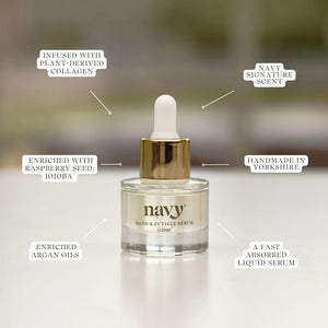 Navy hand and cuticle serum bottle with features highlighted on a blurred background