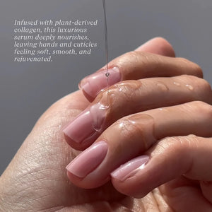 Close-up of hands with pink nail polish and a text overlay about plant-derived collagen serum.