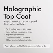 Charger l'image dans la galerie, A hand with pale pink manicured nails holds a bottle of Bio Sculpture Holographic Top Coat nail polish against a light gray background with product text on the right.