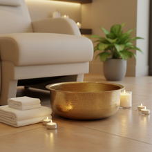 Charger l'image dans la galerie, Beige armchair with a gold bowl, towels, and candles on a wooden floor.